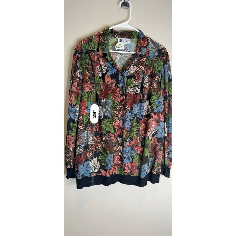 Top Notch Vintage Leaf Print Pullover Blouse Women's M Retro Button Neck Top - Picture 4 of 7